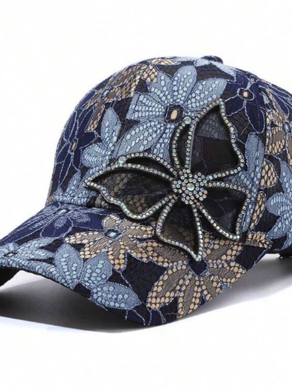 Navy Floral Embroidered Baseball Cap with Rhinestone Flower Accent - Picture 2 of 3